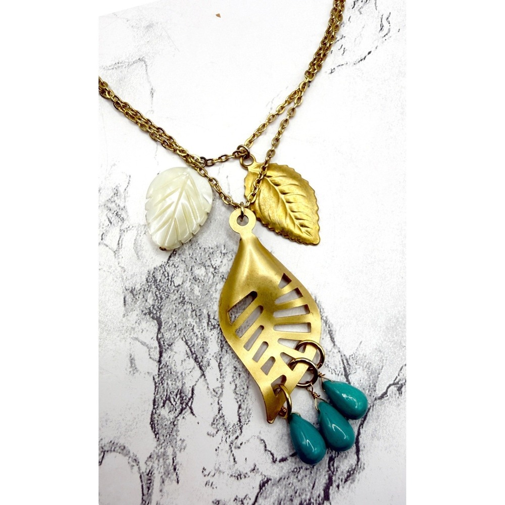 Express Gold Leaf Necklace Double Strand Teal Drop Dangle Pendant